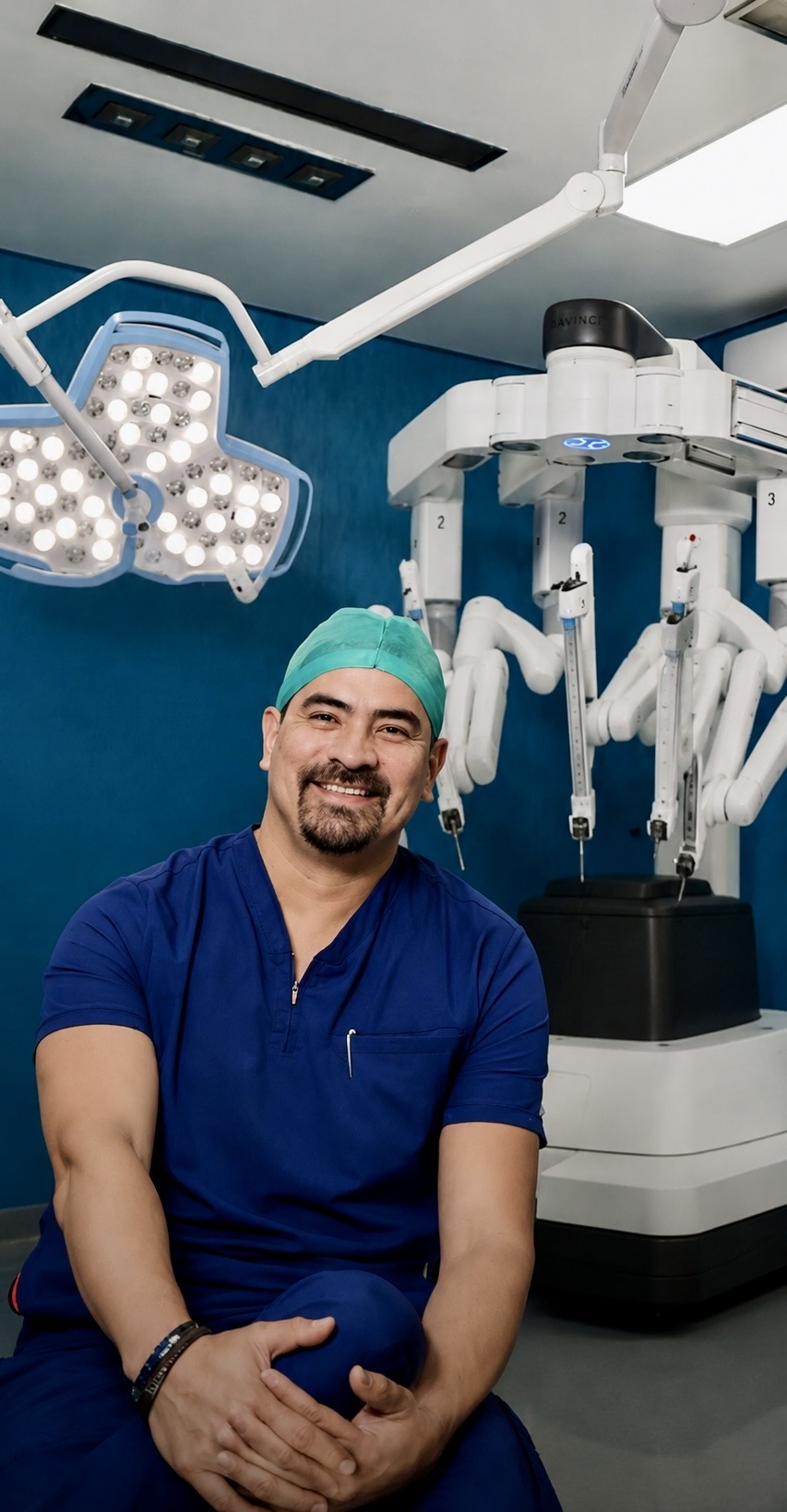Dr. Gerardo González Mendoza, ginecólogo oncólogo, en quirófano junto al sistema robótico Da Vinci